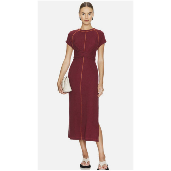 Free People Sunni Dress XS Wild Ginger Burgundy Tie back Knit Midi Slits A33 - Picture 1 of 10